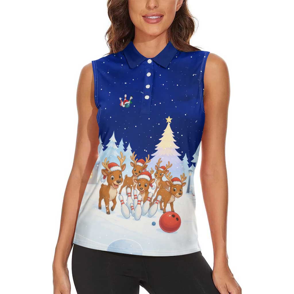 Funny Christmas Reindeer Bowling Custom Women Sleeveless Polo Shirt with Reindeer Snow Scene - Wonder Print Shop