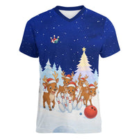 Funny Christmas Reindeer Bowling Custom Women V-Neck T-Shirt with Reindeer Snow Scene - Wonder Print Shop