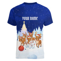 Funny Christmas Reindeer Bowling Custom Women V-Neck T-Shirt with Reindeer Snow Scene - Wonder Print Shop
