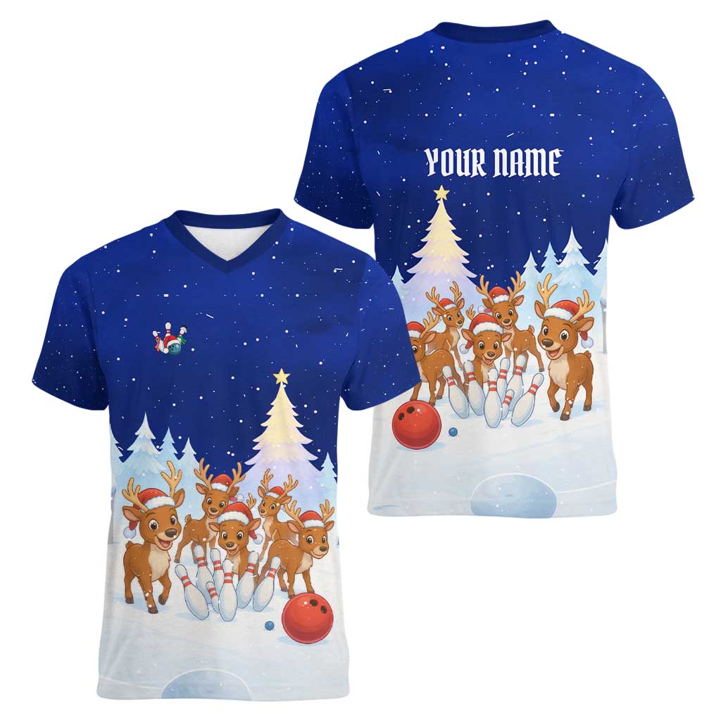 Funny Christmas Reindeer Bowling Custom Women V-Neck T-Shirt with Reindeer Snow Scene - Wonder Print Shop