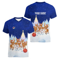 Funny Christmas Reindeer Bowling Custom Women V-Neck T-Shirt with Reindeer Snow Scene - Wonder Print Shop