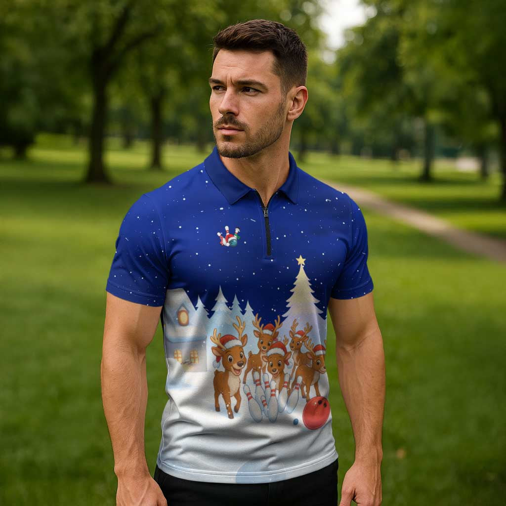 Funny Christmas Reindeer Bowling Custom Zipper Polo Shirt with Reindeer Snow Scene - Wonder Print Shop