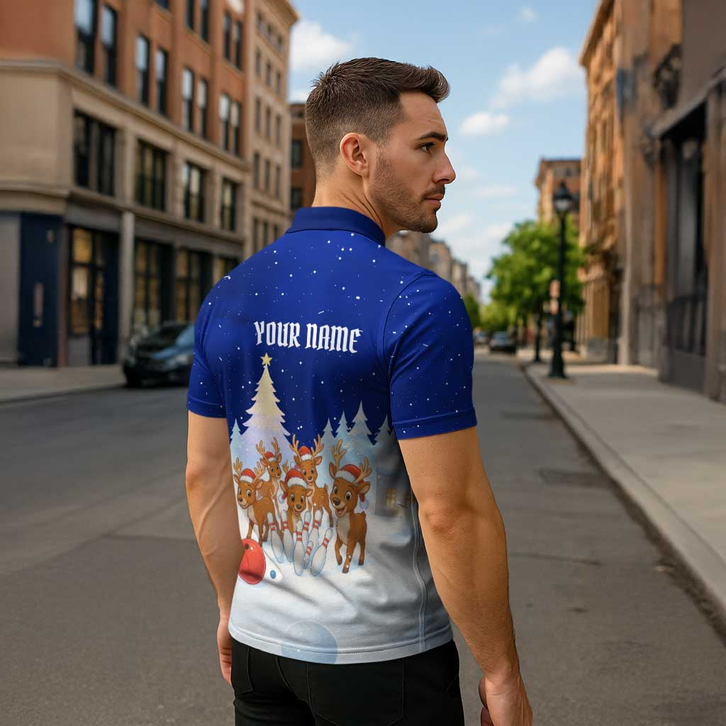 Funny Christmas Reindeer Bowling Custom Zipper Polo Shirt with Reindeer Snow Scene - Wonder Print Shop
