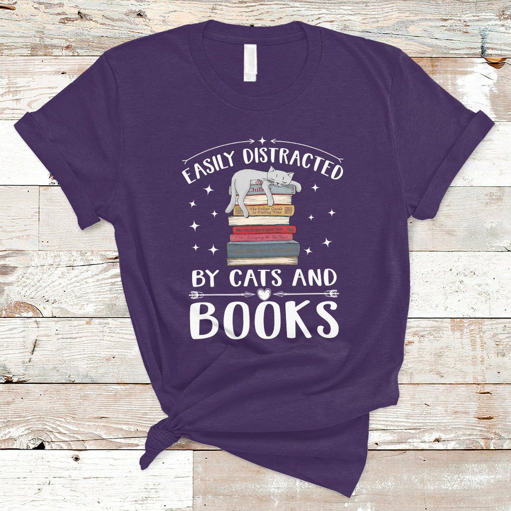 Book And Cat Lovers Gifts T Shirt Easily Distracted By Cats And Books, Funny Reading Book TS05 - Wonder Print Shop