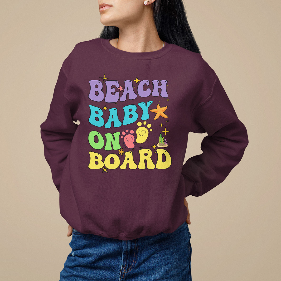 Pregnancy Announcement Sweatshirt Groovy Beach Baby On Board, Pregnant Mom TS05 - Wonder Print Shop