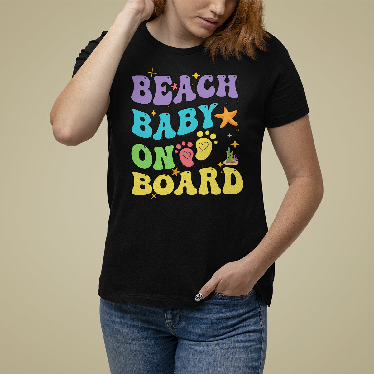 Pregnancy Announcement T Shirt For Women Groovy Beach Baby On Board, Pregnant Mom TS05 - Wonder Print Shop