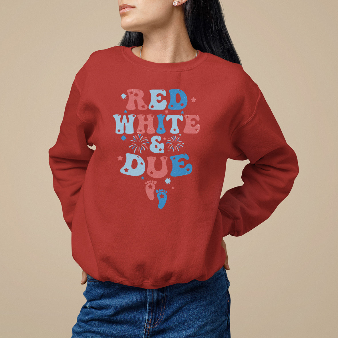 Pregnancy Announcement Sweatshirt Red White And Due, 4th Of July TS05 - Wonder Print Shop