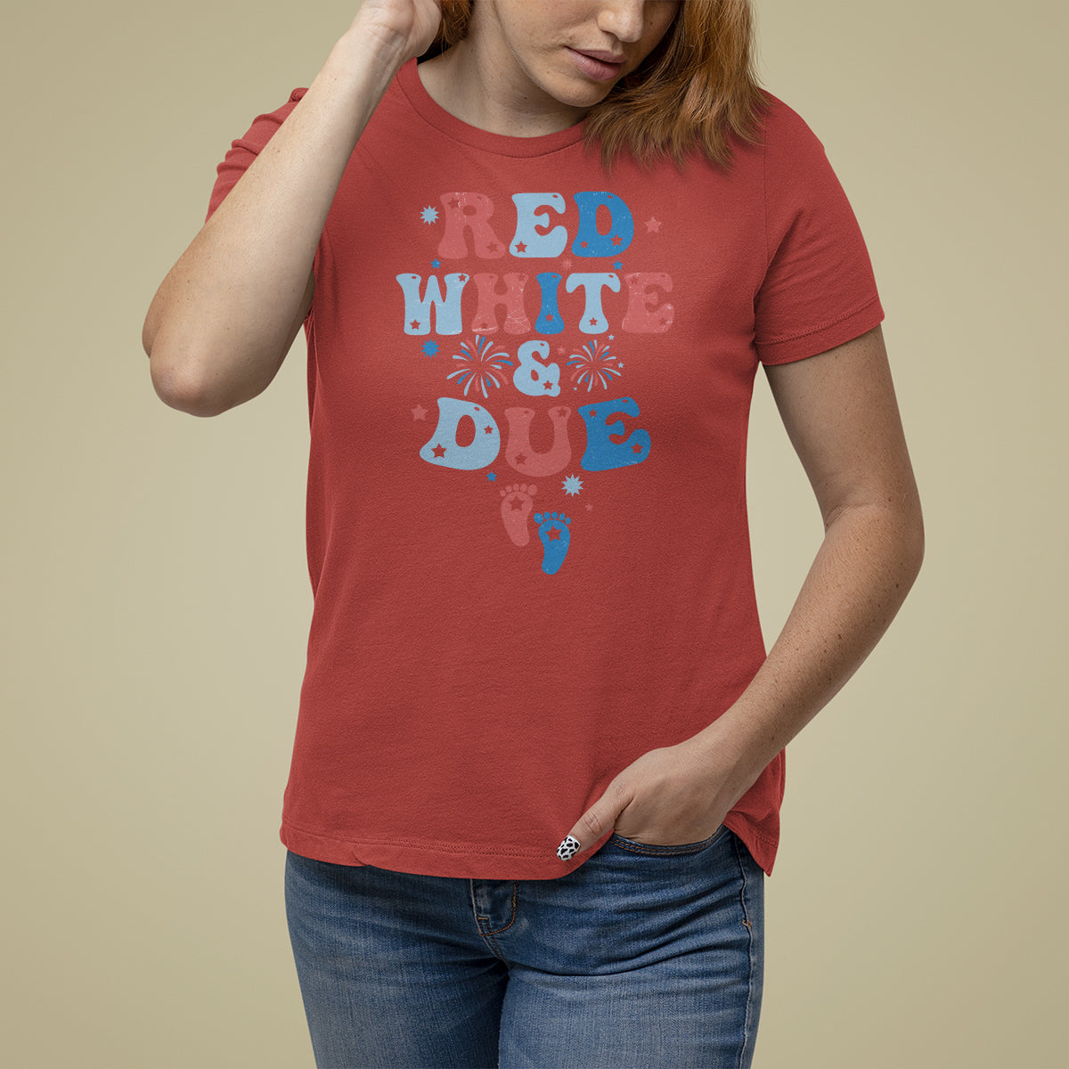 Pregnancy Announcement T Shirt For Women Red White And Due, 4th Of July TS05 - Wonder Print Shop