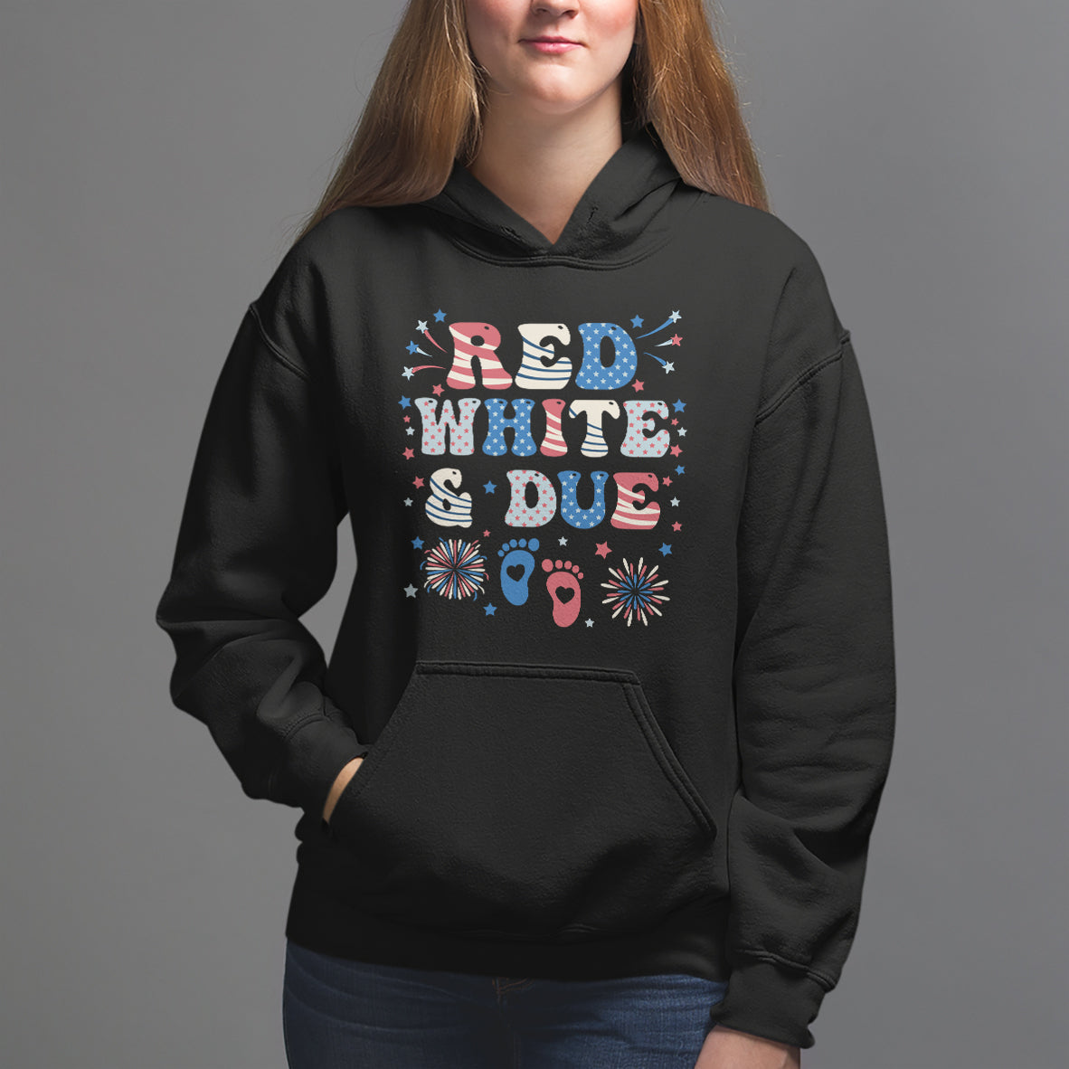 Pregnancy Announcement Hoodie Red White And Due, 4th Of July TS05 - Wonder Print Shop