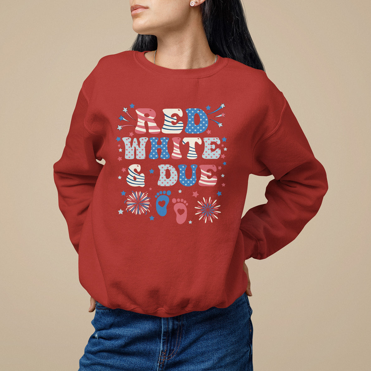 Pregnancy Announcement Sweatshirt Red White And Due, 4th Of July TS05 - Wonder Print Shop