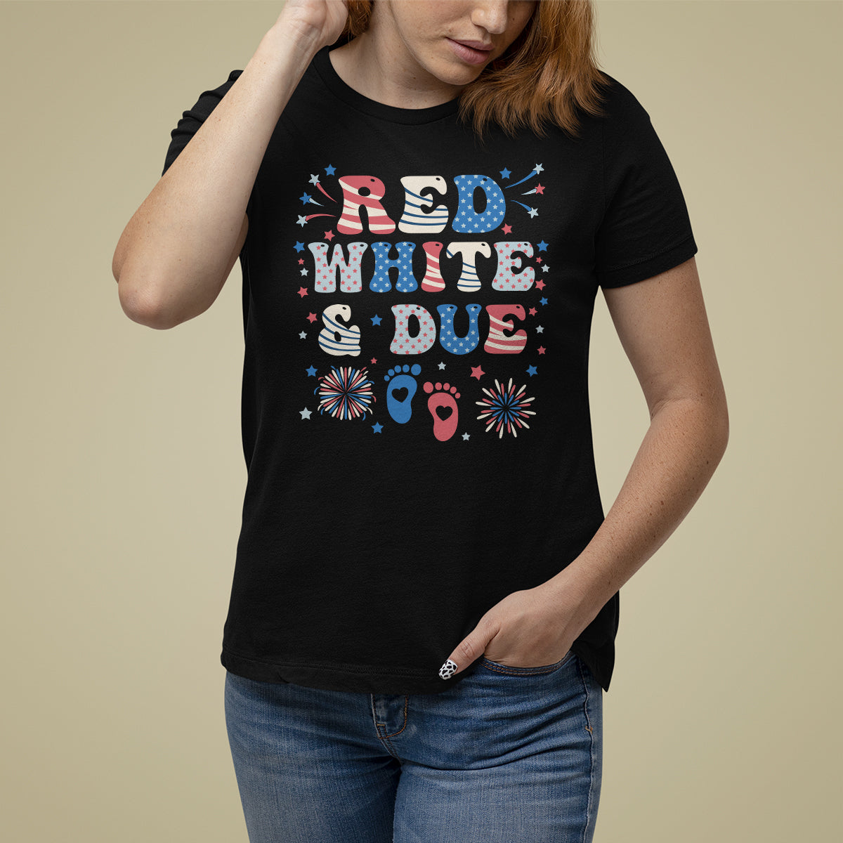 Pregnancy Announcement T Shirt For Women Red White And Due, 4th Of July TS05 - Wonder Print Shop