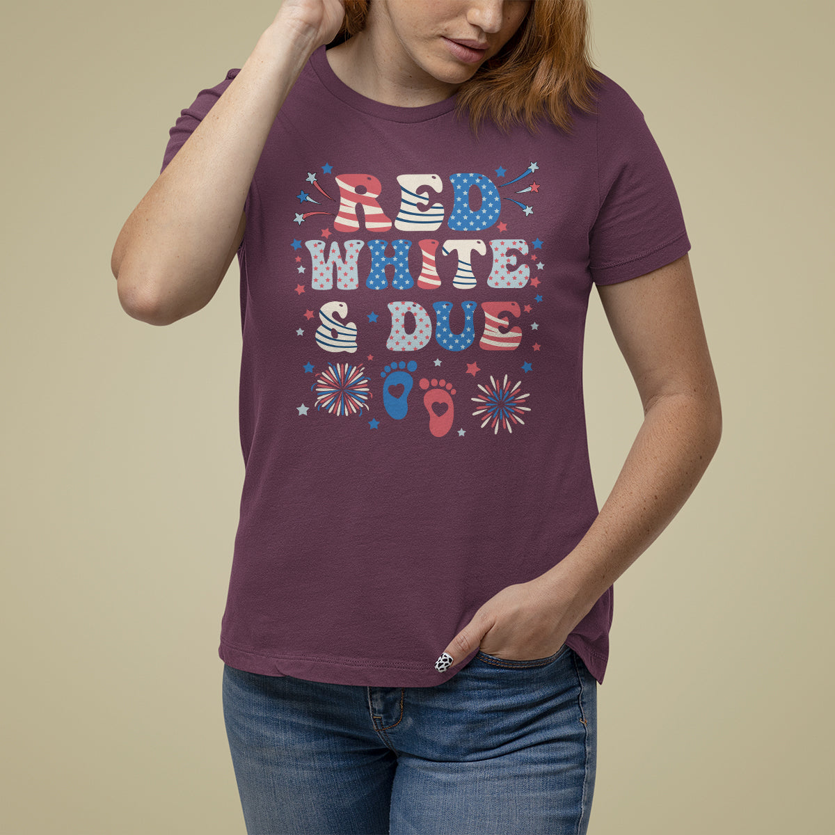 Pregnancy Announcement T Shirt For Women Red White And Due, 4th Of July TS05 - Wonder Print Shop