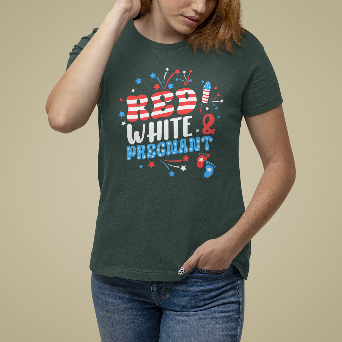 Pregnancy Announcement T Shirt For Women Red White And Due, 4th Of July TS05 - Wonder Print Shop