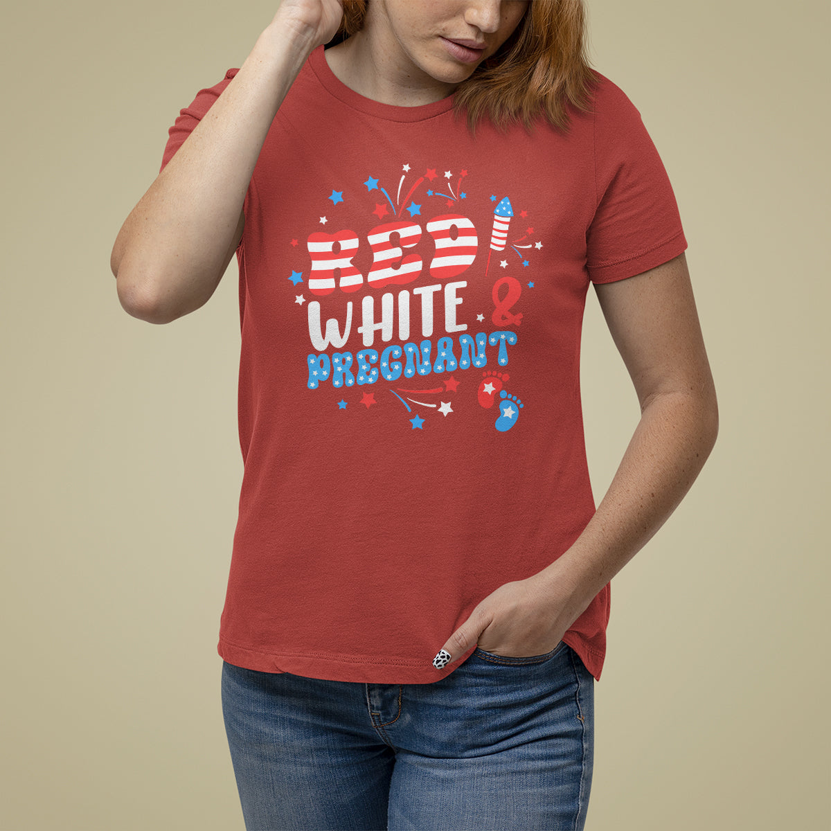 Pregnancy Announcement T Shirt For Women Red White And Due, 4th Of July TS05 - Wonder Print Shop