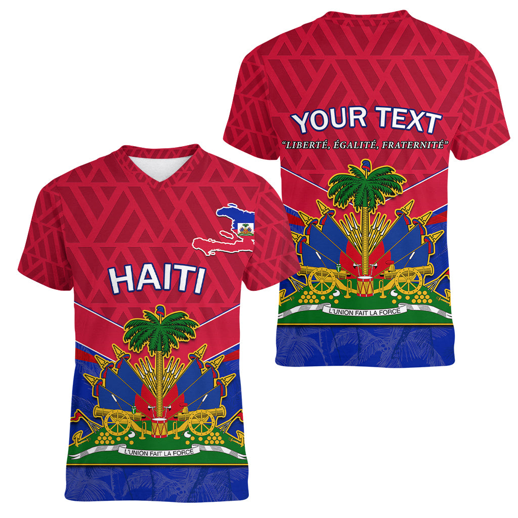 Custom Haiti Women V Neck T Shirt Ayiti Coat Of Arms With Map TS06 - Wonder Print Shop