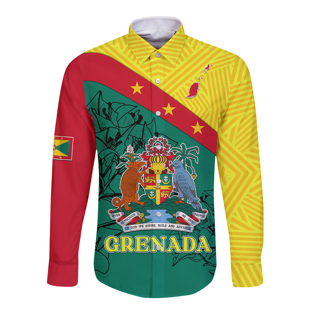 custom-grenada-long-sleeve-button-shirt-coat-of-arms-with-bougainvillea-flowers