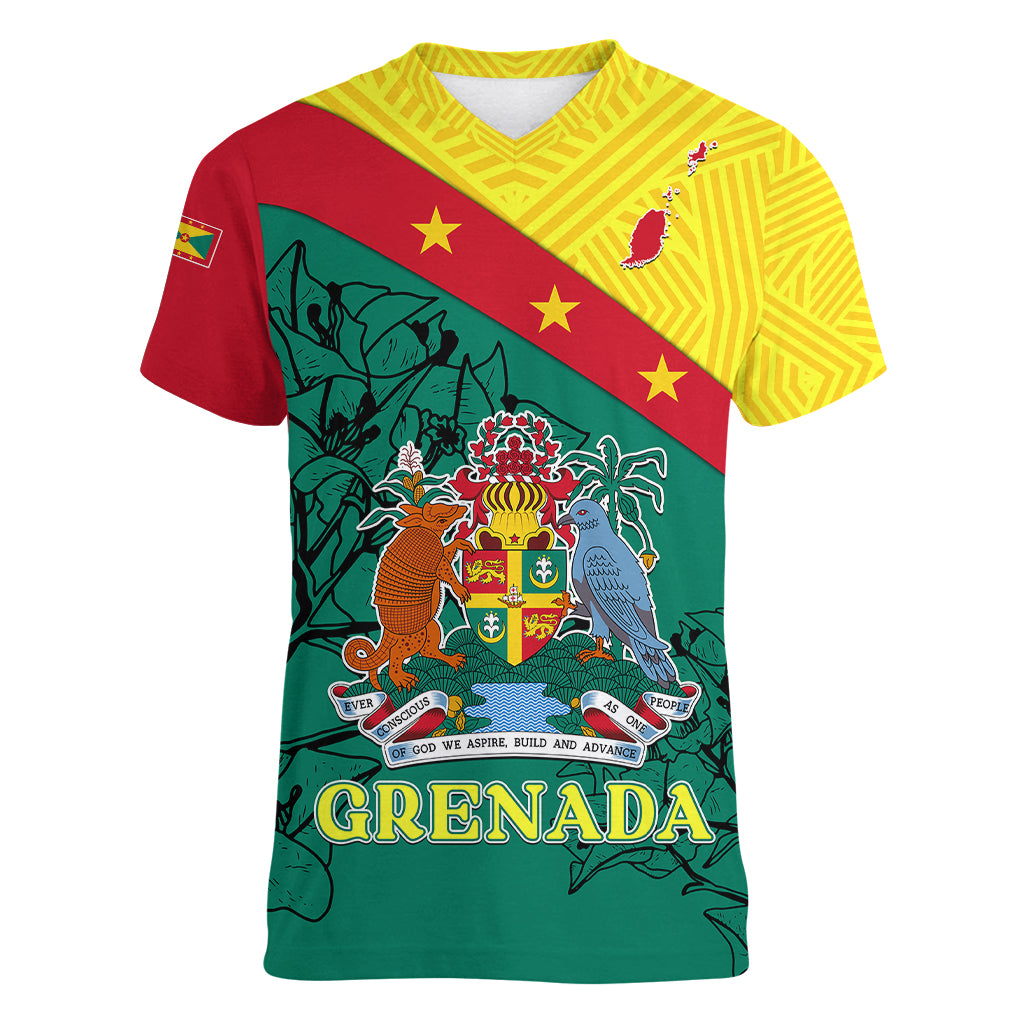 custom-grenada-women-v-neck-t-shirt-coat-of-arms-with-bougainvillea-flowers