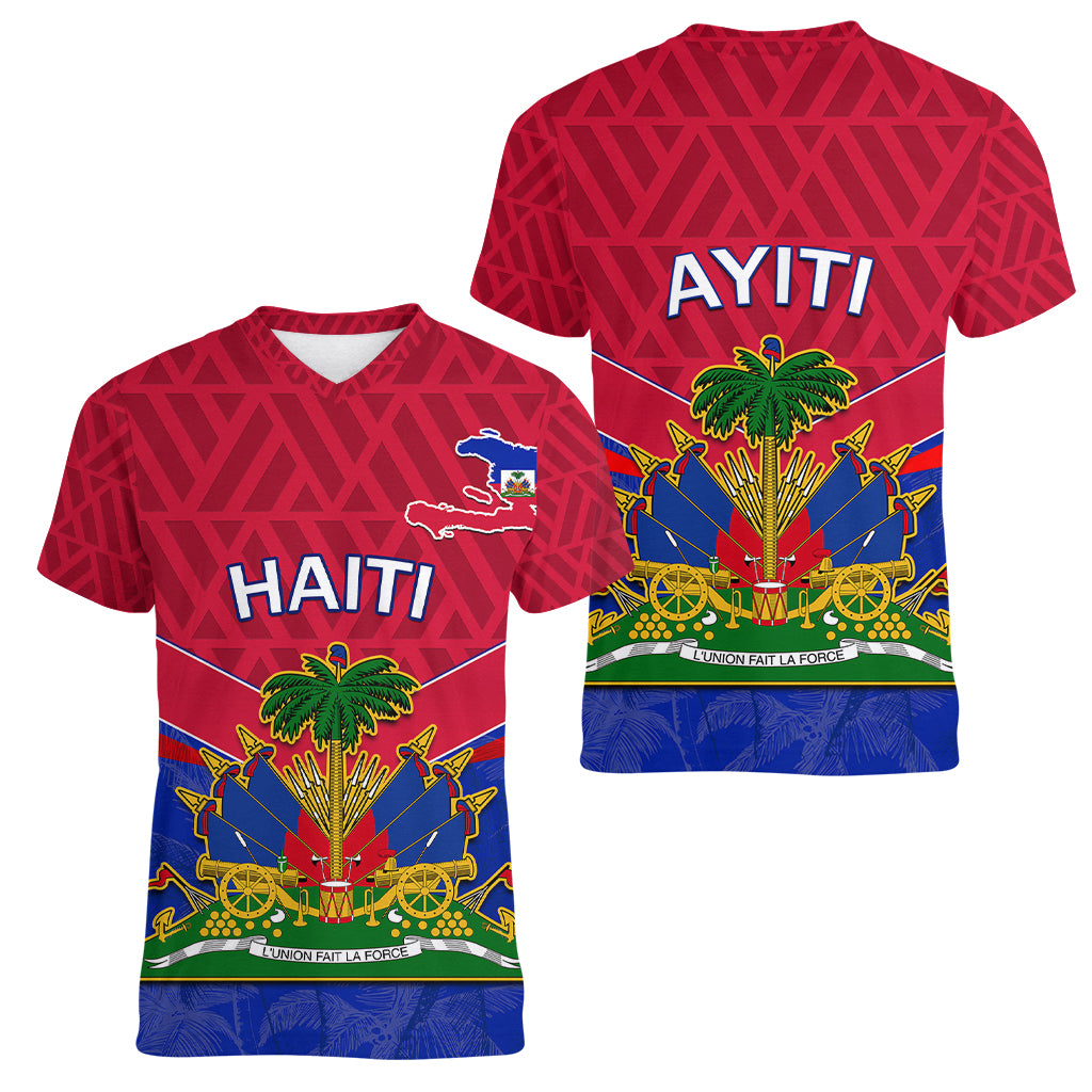 Haiti Women V Neck T Shirt Ayiti Coat Of Arms With Map TS06 - Wonder Print Shop