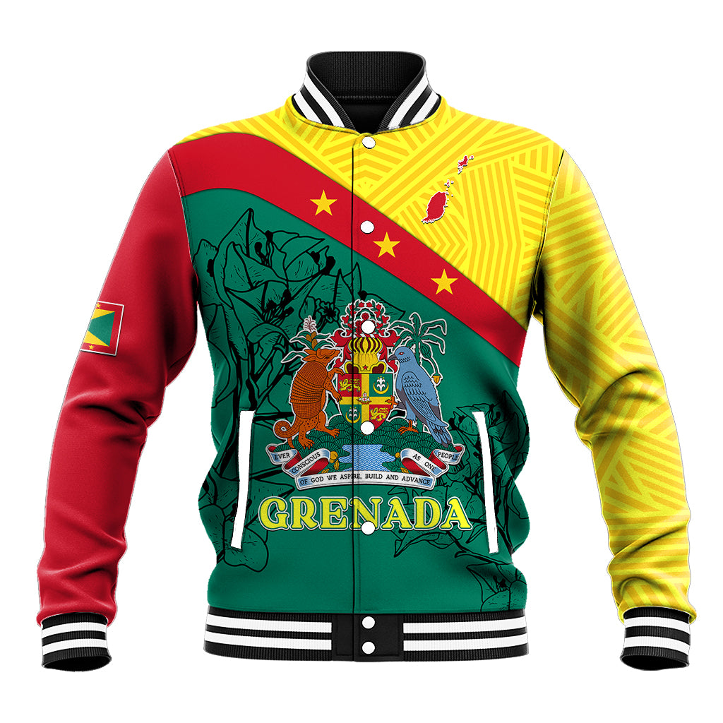 Grenada Baseball Jacket Coat Of Arms With Bougainvillea Flowers TS06 - Wonder Print Shop