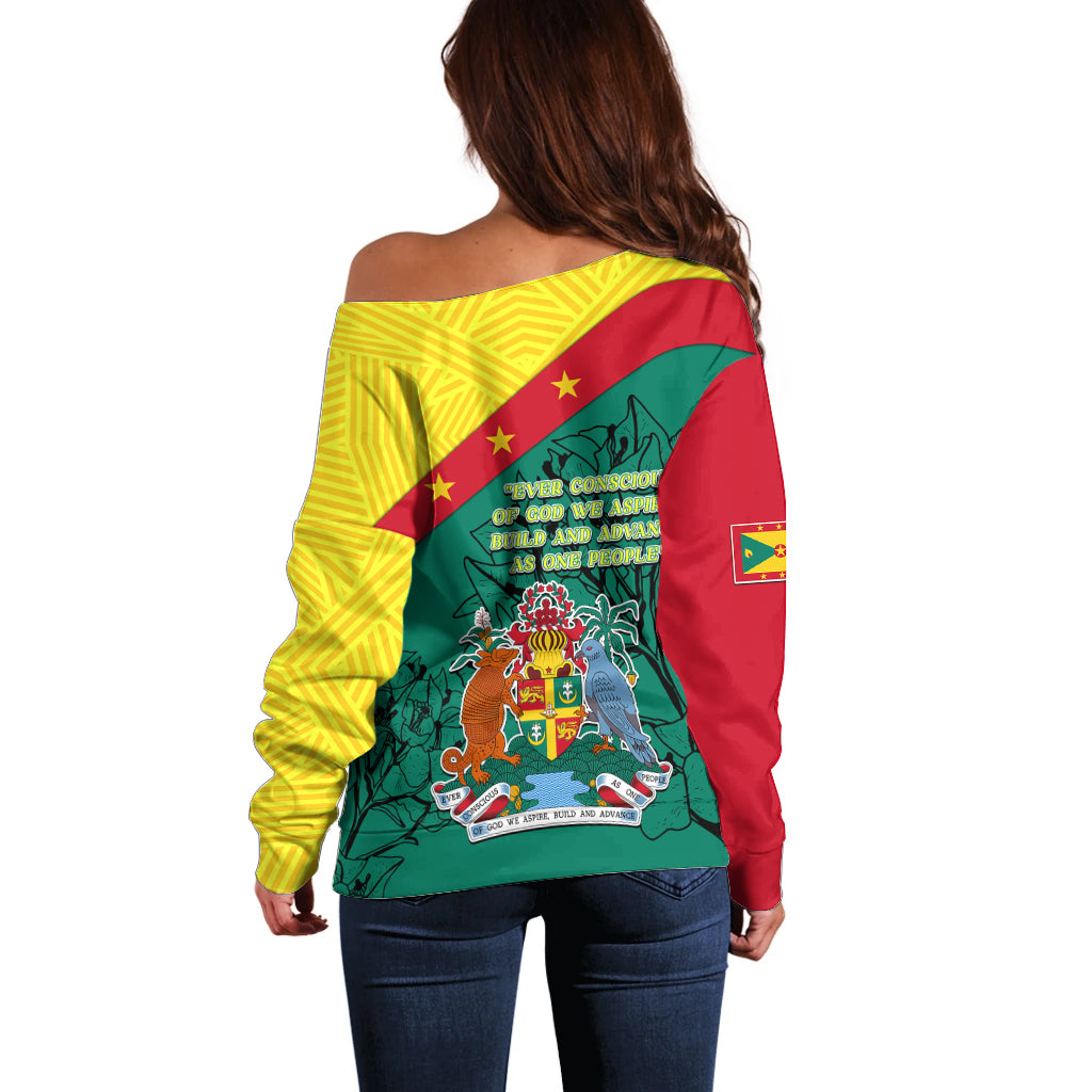 Grenada Off Shoulder Sweater Coat Of Arms With Bougainvillea Flowers TS06 - Wonder Print Shop