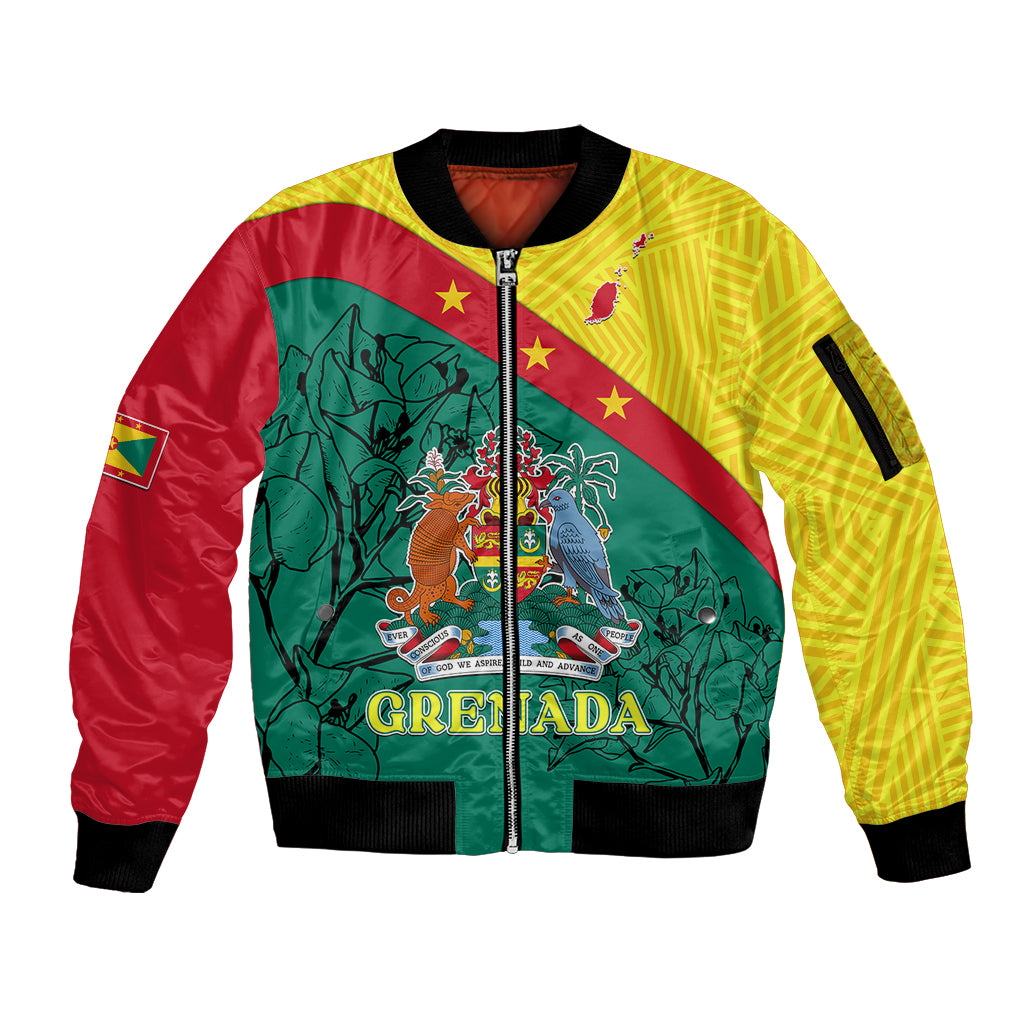 Grenada Sleeve Zip Bomber Jacket Coat Of Arms With Bougainvillea Flowers TS06 - Wonder Print Shop