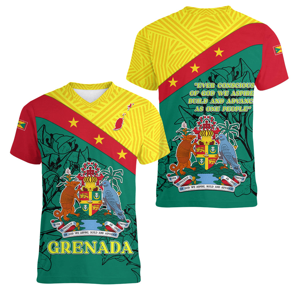 Grenada Women V Neck T Shirt Coat Of Arms With Bougainvillea Flowers TS06 - Wonder Print Shop