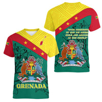 Grenada Women V Neck T Shirt Coat Of Arms With Bougainvillea Flowers TS06 - Wonder Print Shop