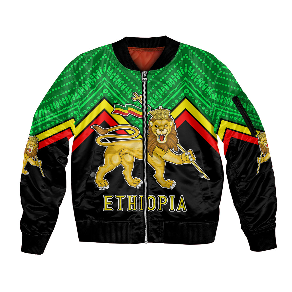 Ethiopia Sleeve Zip Bomber Jacket Coat Of Arms With Hand Drawn Pattern TS06 - Wonder Print Shop