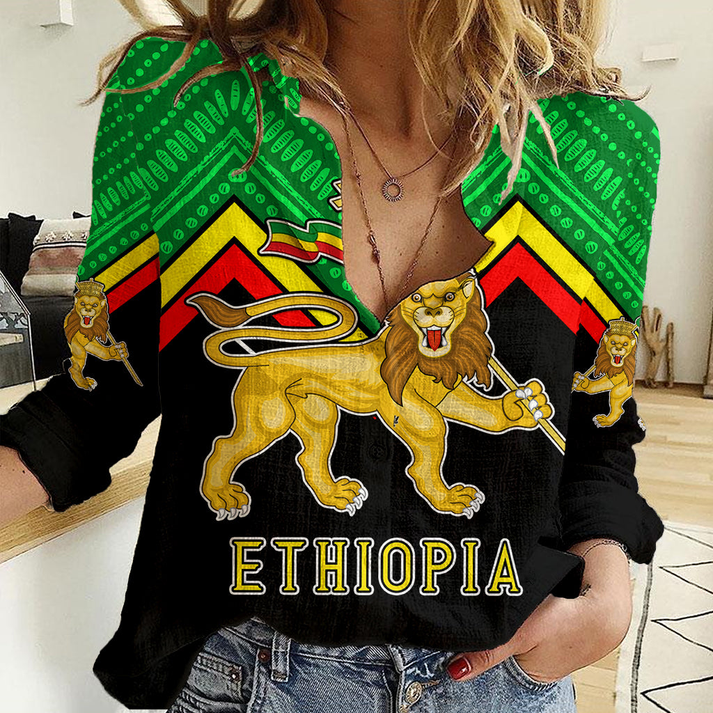 Ethiopia Women Casual Shirt Coat Of Arms With Hand Drawn Pattern TS06 - Wonder Print Shop