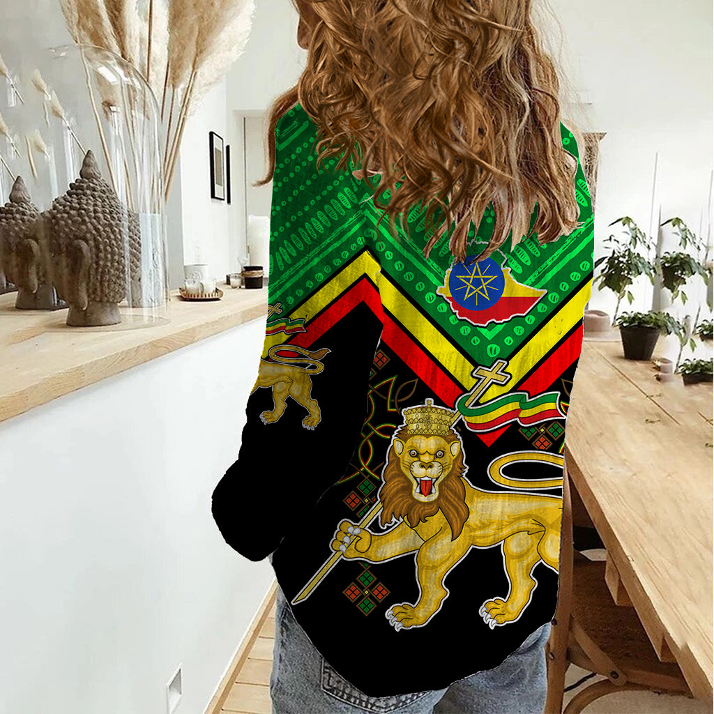 Ethiopia Women Casual Shirt Coat Of Arms With Hand Drawn Pattern TS06 - Wonder Print Shop