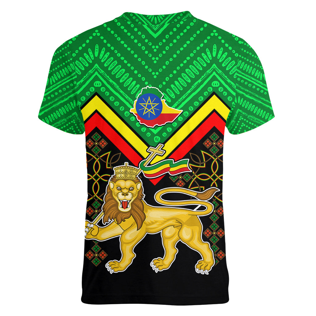 Ethiopia Women V Neck T Shirt Coat Of Arms With Hand Drawn Pattern TS06 - Wonder Print Shop