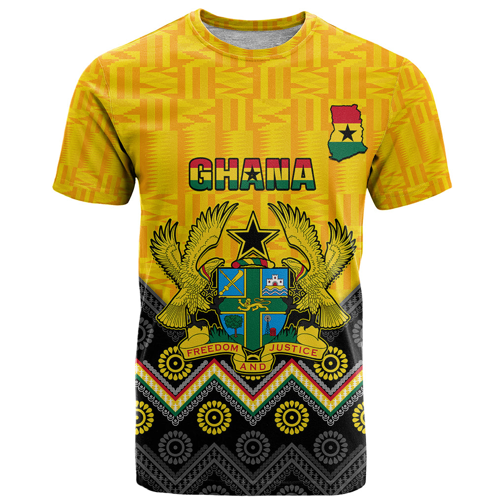 Personalised Ghana T Shirt Kente Pattern And Adinkra Pattern Mix Coat Of Arms TS06 - Wonder Print Shop