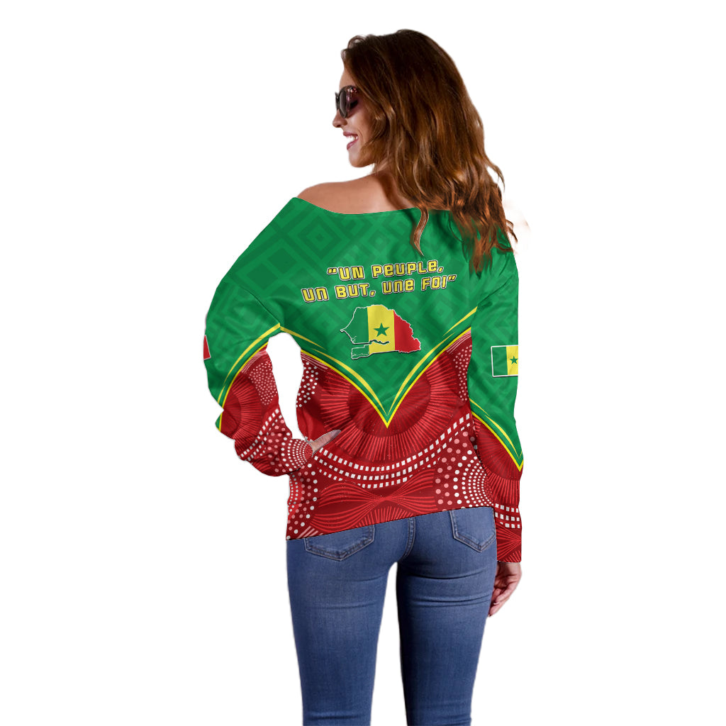 Senegal Off Shoulder Sweater Africa Tribal Pattern With Coat Of Arms TS06 - Wonder Print Shop