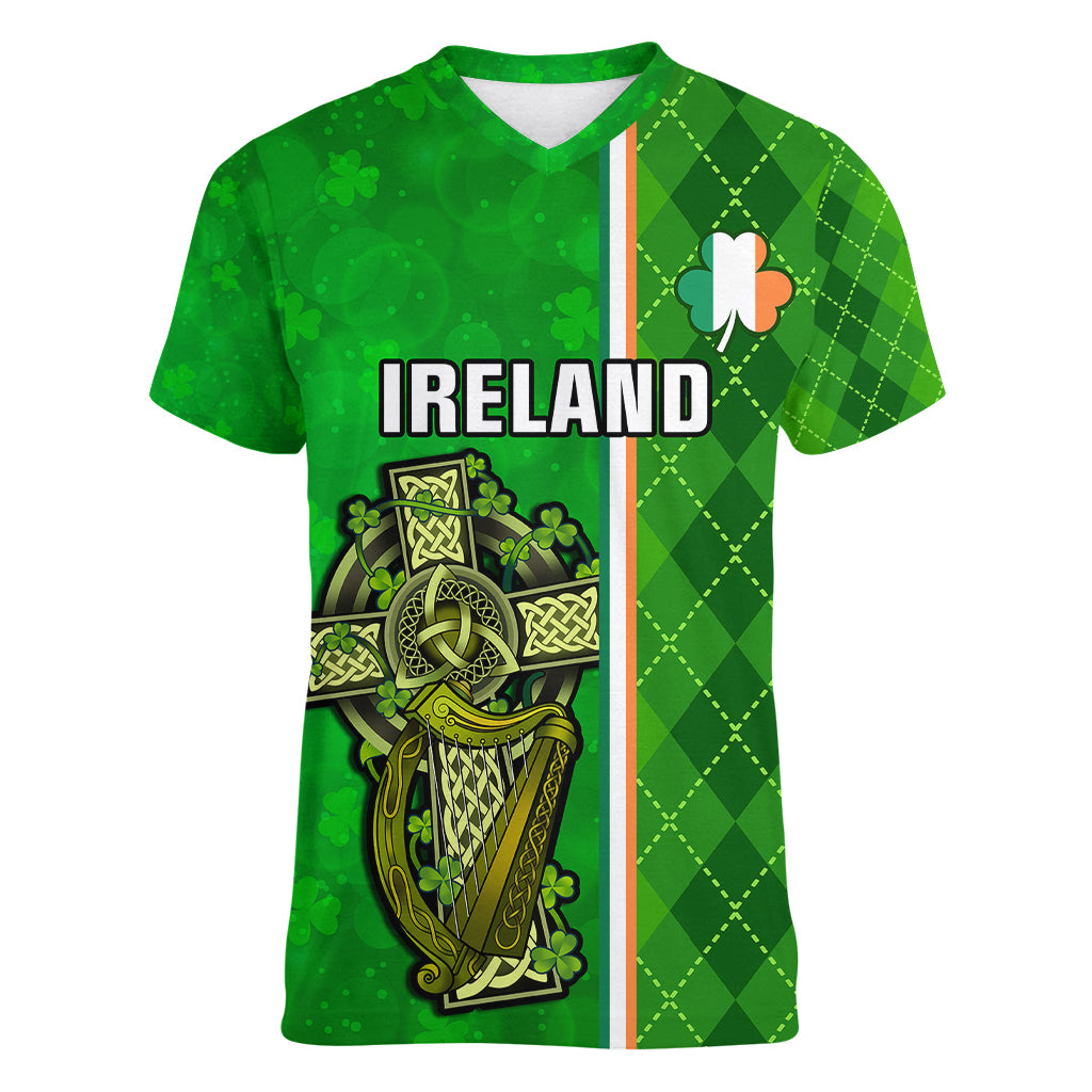 Personalised Ireland Women V Neck T Shirt Cross With Shamrock Simple Style TS06 - Wonder Print Shop