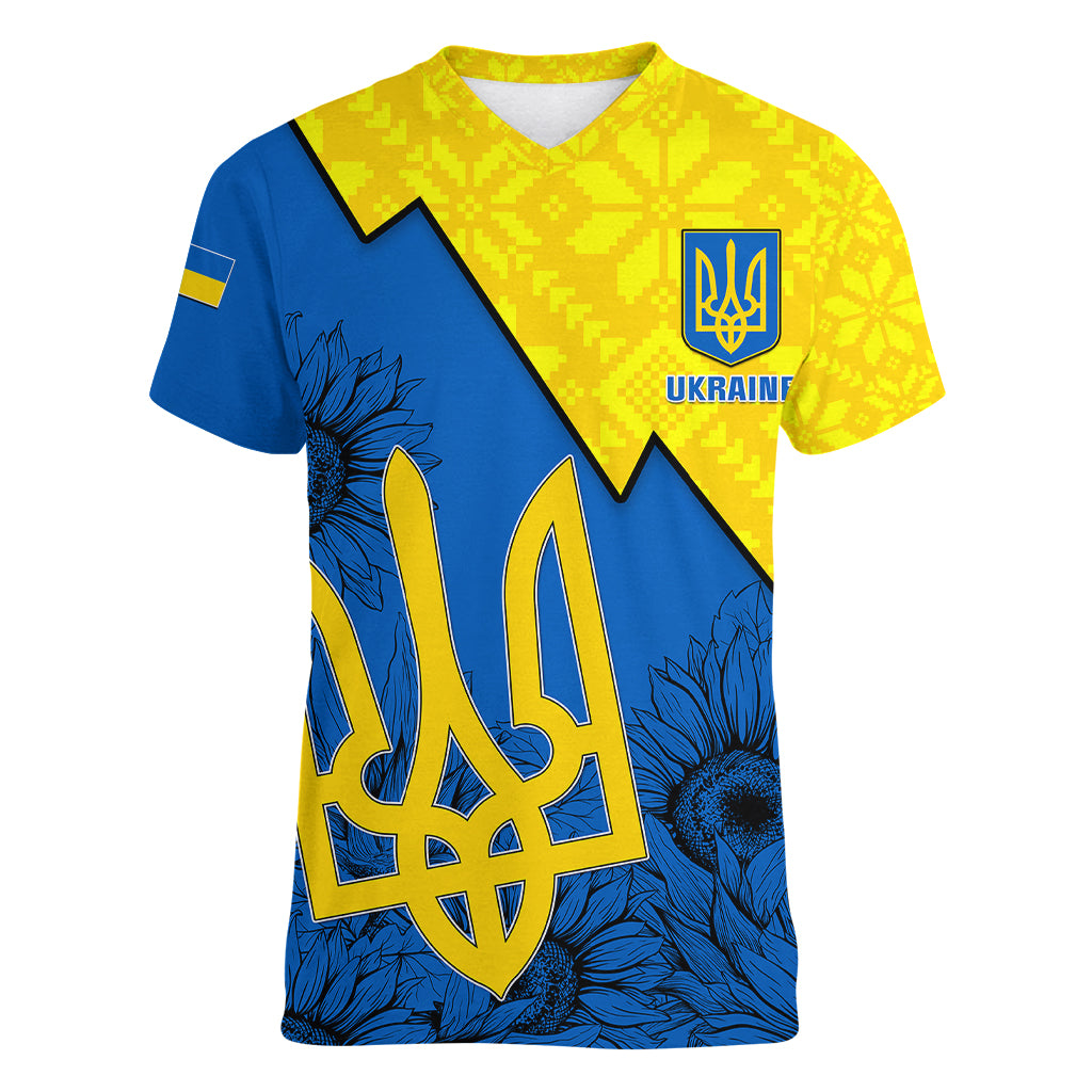 Personalised Ukraine Women V Neck T Shirt Sunflower With Ukraine Folk Patterns TS06 - Wonder Print Shop