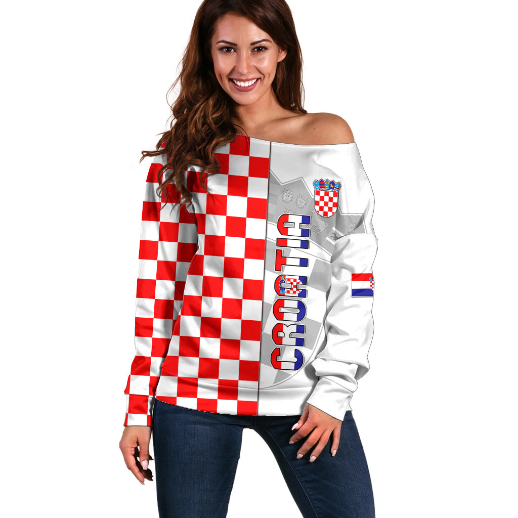 Croatia Off Shoulder Sweater Chessboard Mix Coat Of Arms TS06 - Wonder Print Shop