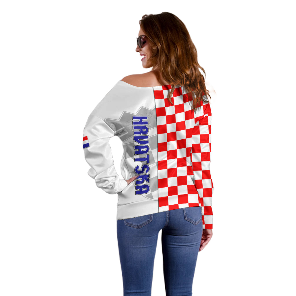 Croatia Off Shoulder Sweater Chessboard Mix Coat Of Arms TS06 - Wonder Print Shop