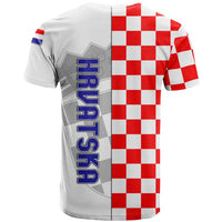 White T-shirt with red-and-white checker back panel and blue 'HRVATSKA' text
