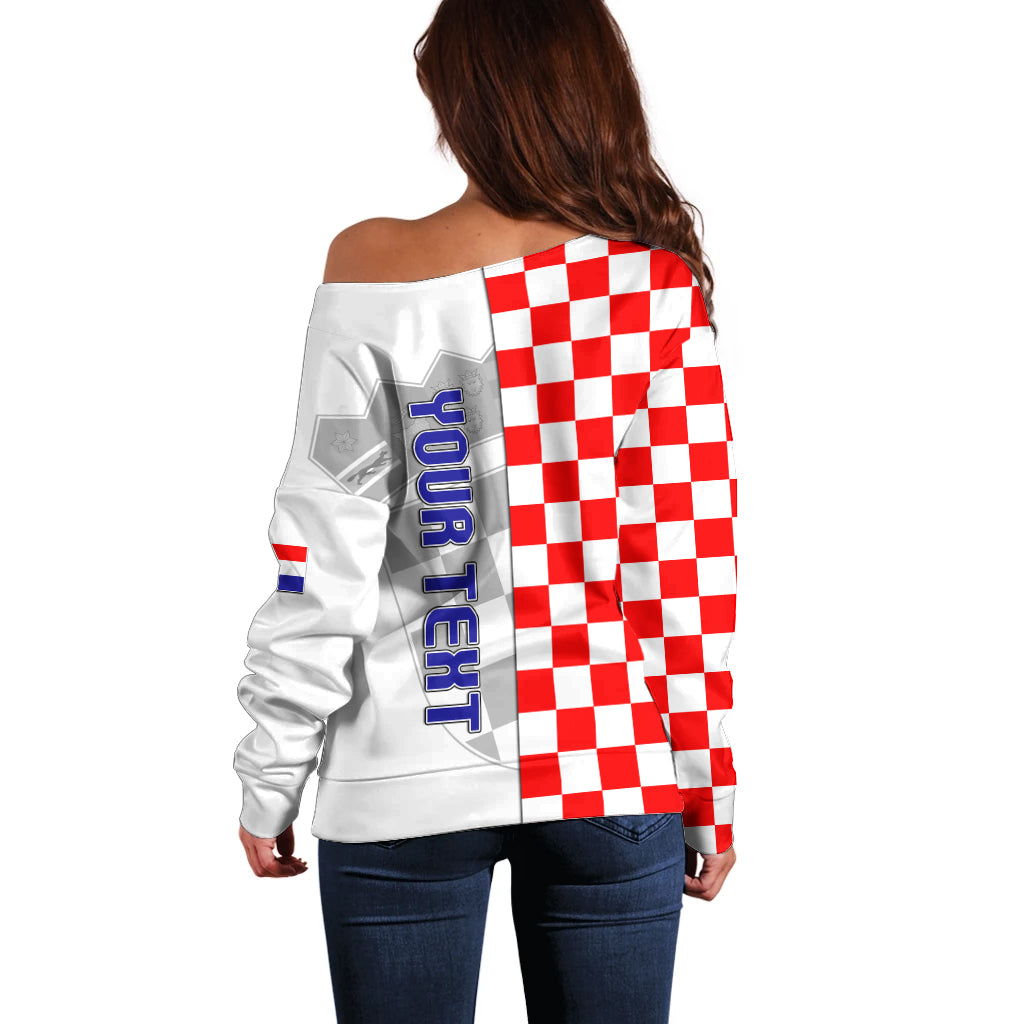 Personalised Croatia Off Shoulder Sweater Chessboard Mix Coat Of Arms TS06 - Wonder Print Shop