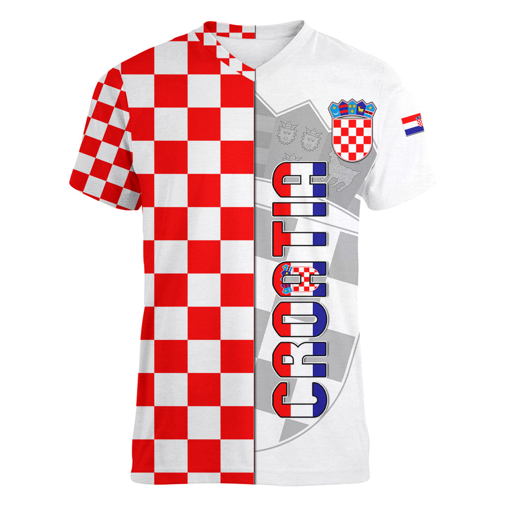 Personalised Croatia Women V Neck T Shirt Chessboard Mix Coat Of Arms TS06 - Wonder Print Shop