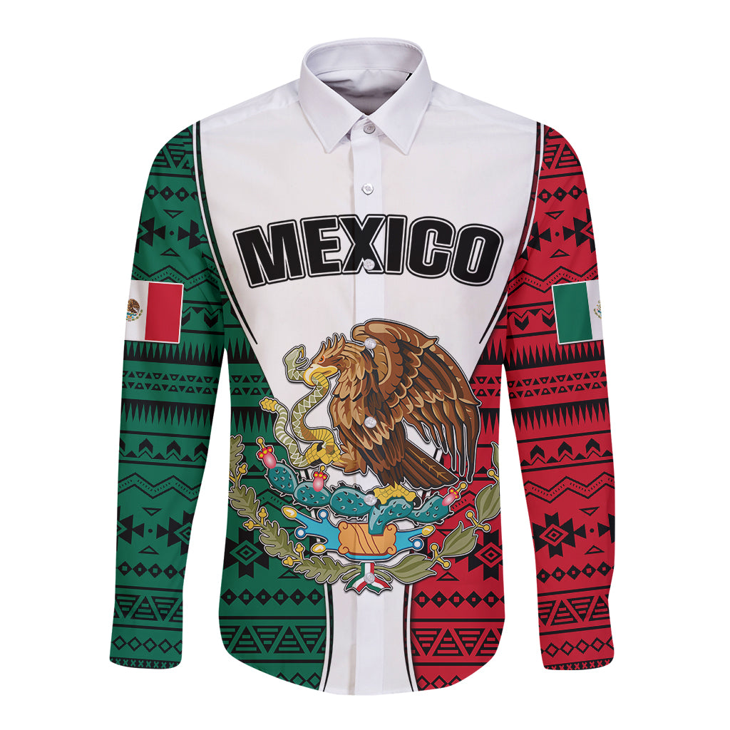 Mexico Long Sleeve Button Shirt Coat Of Arms With Mexican Aztec Pattern TS06 - Wonder Print Shop