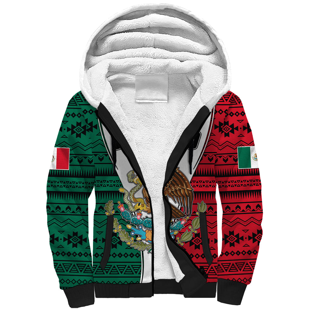 Mexico Sherpa Hoodie Coat Of Arms With Mexican Aztec Pattern TS06 - Wonder Print Shop