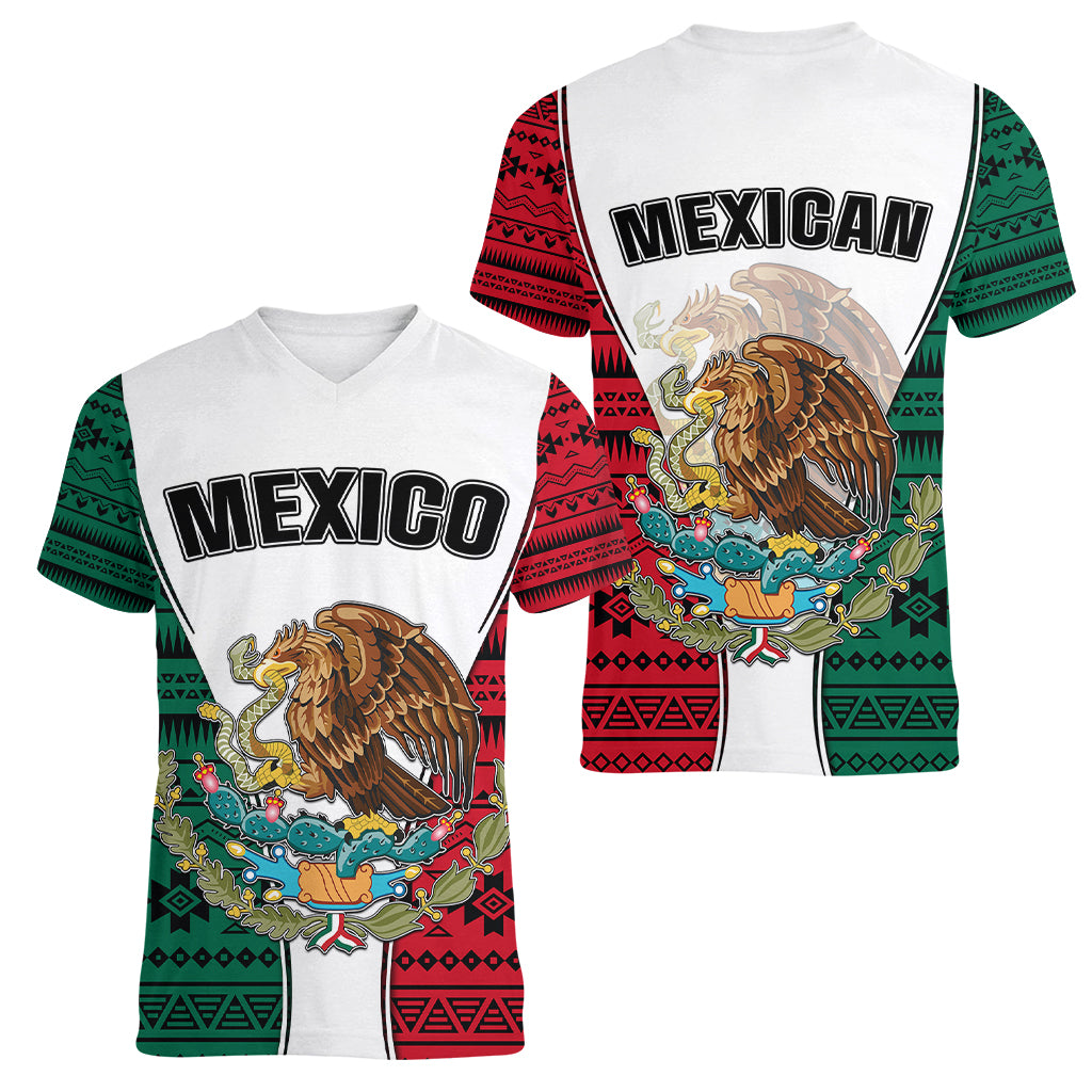 Mexico Women V Neck T Shirt Coat Of Arms With Mexican Aztec Pattern TS06 - Wonder Print Shop