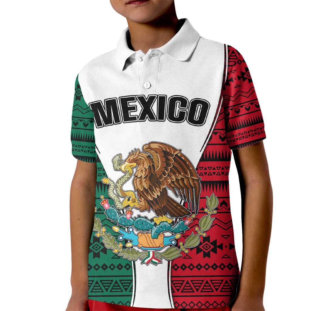 Personlised Mexico Kid Polo Shirt Coat Of Arms With Mexican Aztec Pattern TS06 - Wonder Print Shop