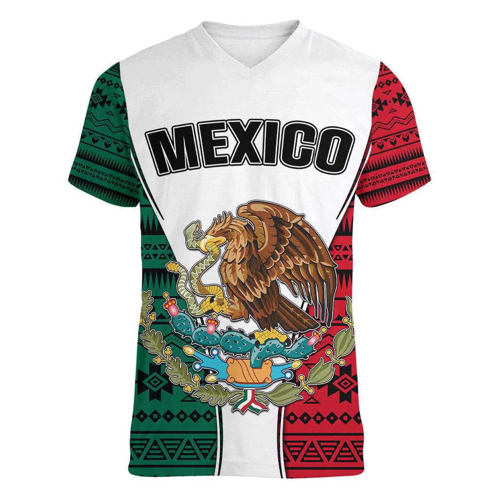 Personlised Mexico Women V Neck T Shirt Coat Of Arms With Mexican Aztec Pattern TS06 - Wonder Print Shop