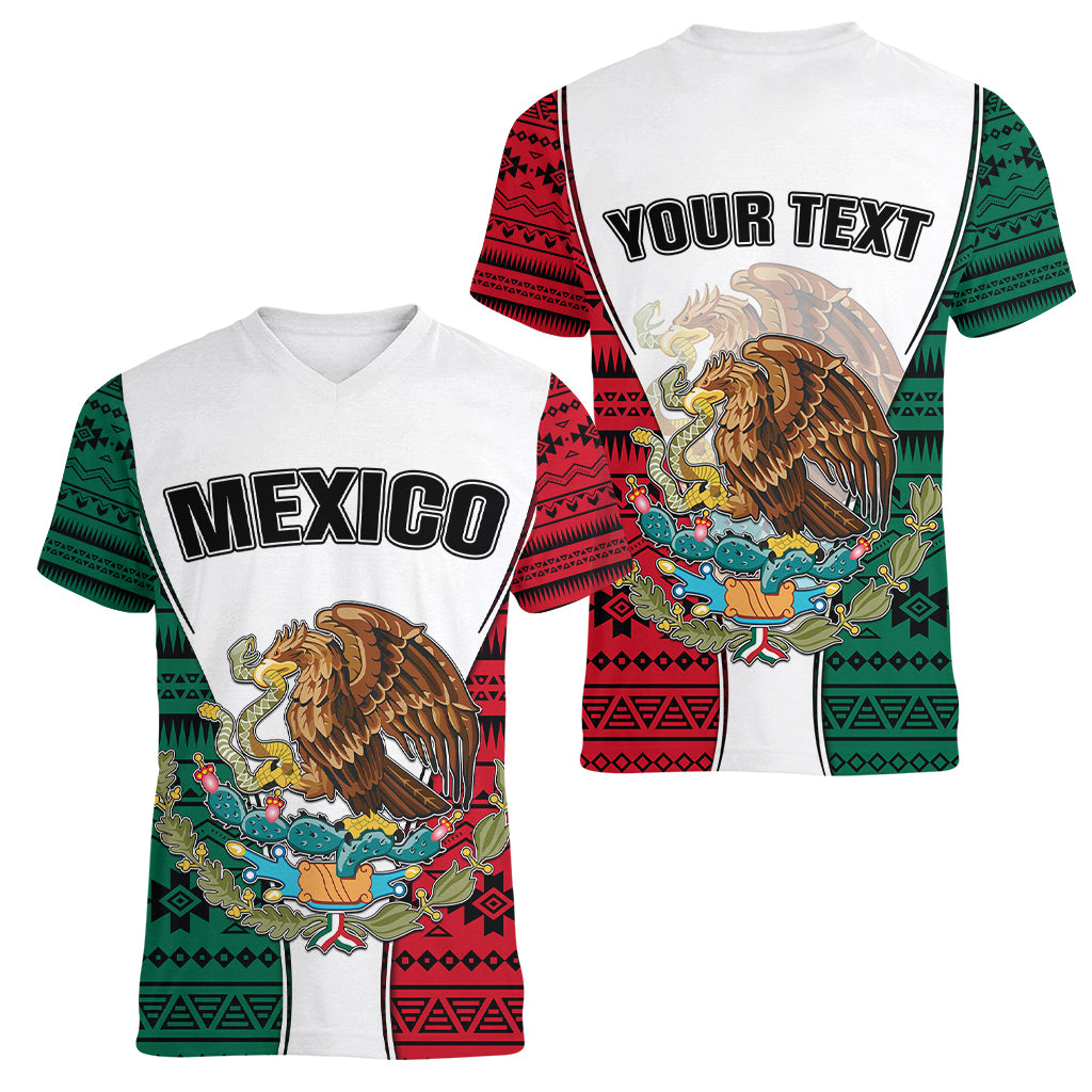 Personlised Mexico Women V Neck T Shirt Coat Of Arms With Mexican Aztec Pattern TS06 - Wonder Print Shop