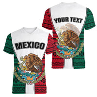 Personlised Mexico Women V Neck T Shirt Coat Of Arms With Mexican Aztec Pattern TS06 - Wonder Print Shop