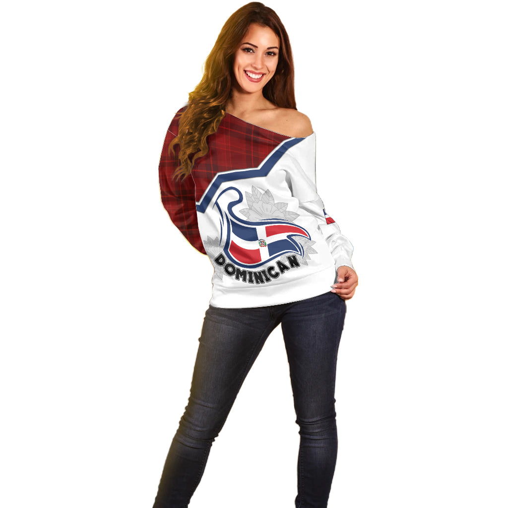 Dominican Republic Off Shoulder Sweater Dominicana Plaid Pattern Mix Coat Of Arms TS06 - Wonder Print Shop
