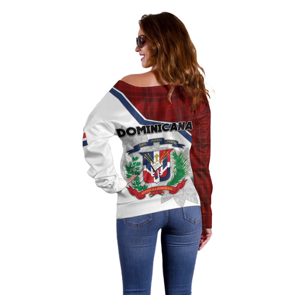 Dominican Republic Off Shoulder Sweater Dominicana Plaid Pattern Mix Coat Of Arms TS06 - Wonder Print Shop