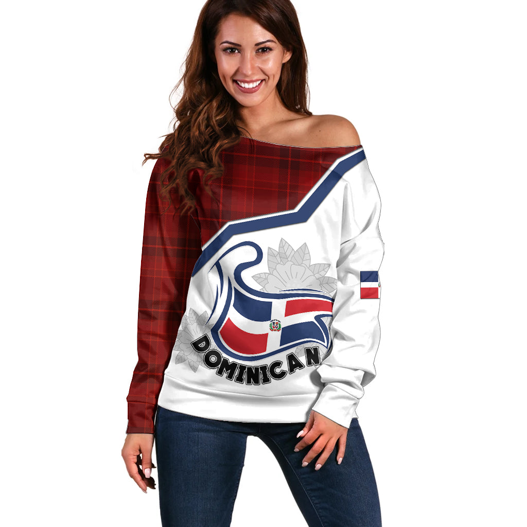 Personlised Dominican Republic Off Shoulder Sweater Dominicana Plaid Pattern Mix Coat Of Arms TS06 - Wonder Print Shop